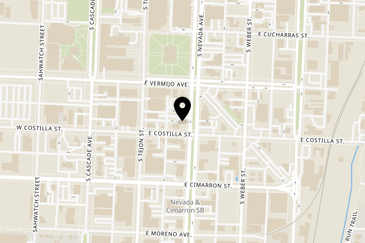 Map showing the location of Masala Mingle Indian Bistro on 326 South Nevada Avenue in Colorado Springs